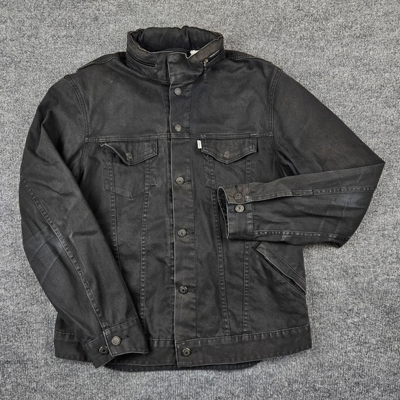 Levi's Denim Trucker Jacket Mens L Black Jean Outerwear Packable Hood White Tab - Picture 1 of 10